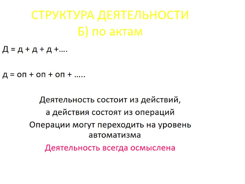 СТРУКТУРА ДЕЯТЕЛЬНОСТИ Б) по актам Д = д + д + д +…. СТРУКТУРА ДЕЯТЕЛЬНОСТИ Б) по актам Д = д + д + д +….